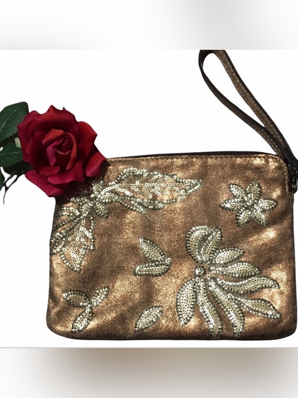 Patricia Nash Cassini Bronze Leather Gold Sequin Floral Wristlet Clutch 7X8”